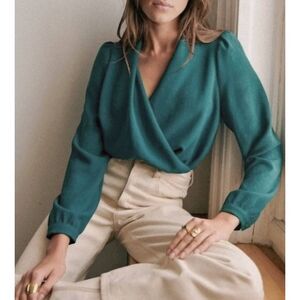 Sezane Bottle Green Abelia Faux Wrap Blouse Long Sleeve V-Neck Size 42 / US 10